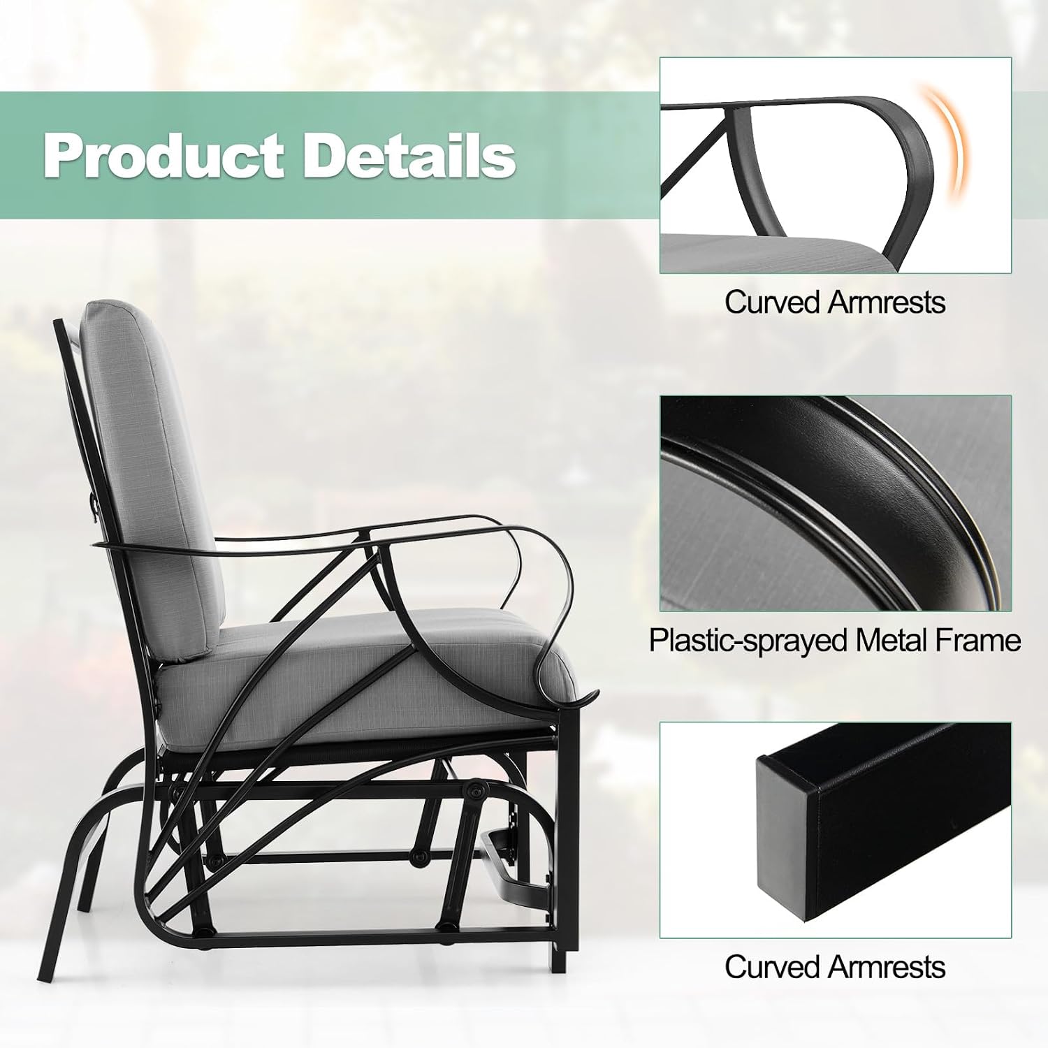 Tangkula Outdoor Patio Glider, Metal Framed Gliding Chair with Cushion, Ergonomic Single-Person Outdoor Patio Chair with Curved Armrest, Smooth Rocking Arms for Porch, Patio (1)