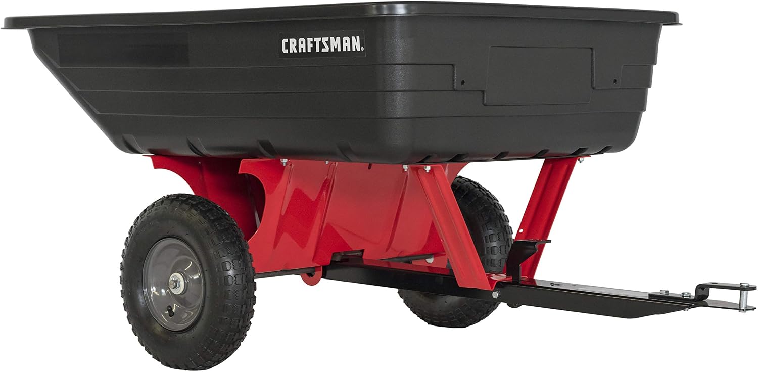 Craftsman CMXGZBF7124489 350 lb Load Capacity, Tow Behind Poly Dump/Swivel Cart, 10 CU FT Capacity; Lawn & Garden Cart/Trailer for Lawn Mowers, Easy to Use Hand Dumping Mechanism