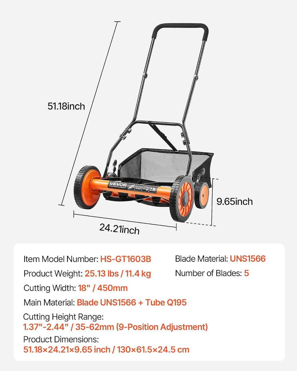 VEVOR Push Reel Lawn Mower 18 inch, 5 Blades Manual Push Mower No Motor, 1.37-2.44 in Adjustable Cutting Height, Walk-Behind Lawn Mowers with Grass Catcher Bag for Green Lawns, Driveways, Courtyards
