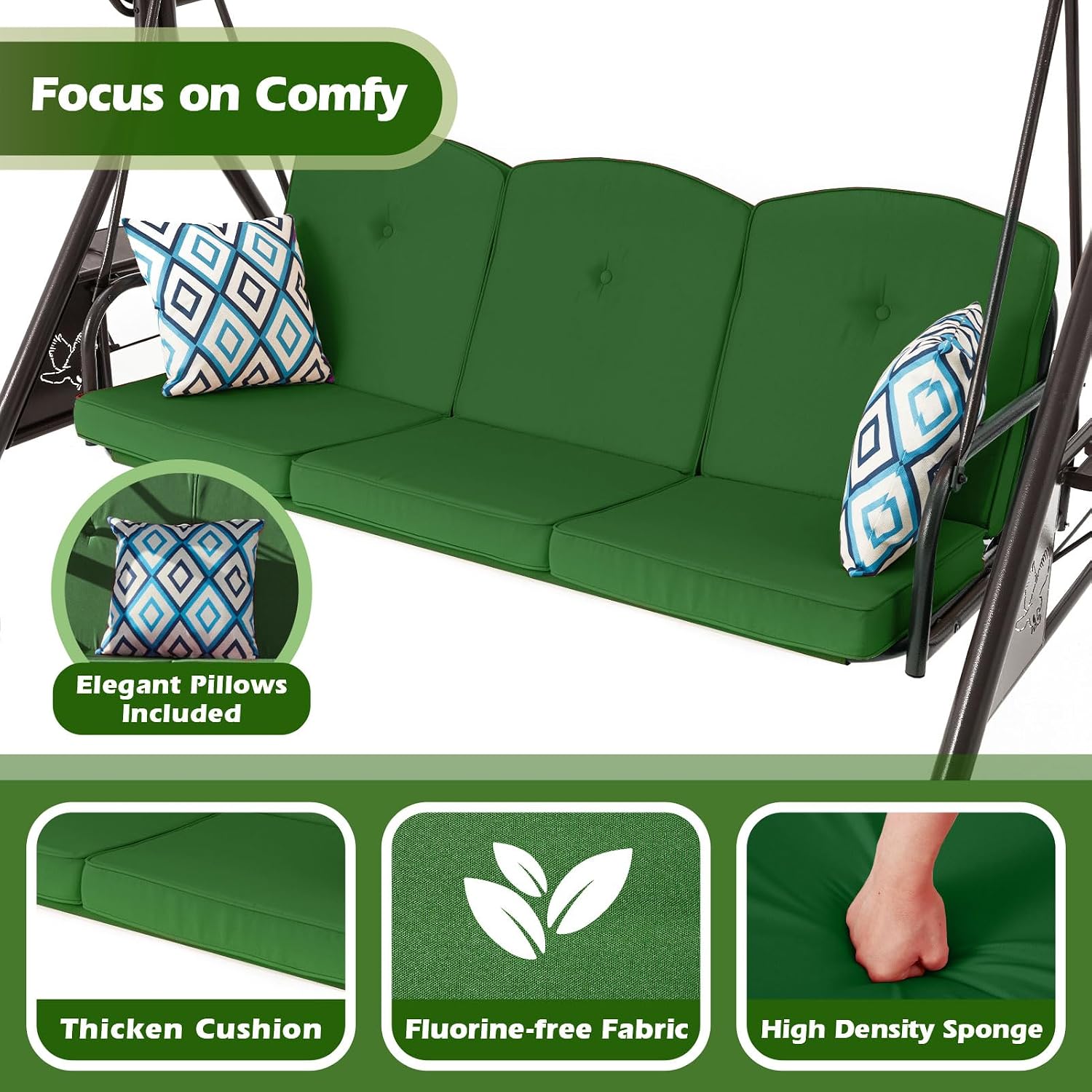 ZZW 800LBS Patio Swing with Canopy 3 Seat Outdoor Porch Swing with Stand w/Cup Holder & Pillow Glider Chair Swing Bed for Patio Backyard Poolside (Green)