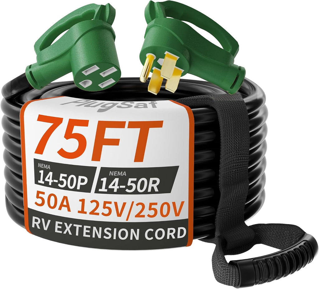 PlugSaf NEMA 14-50P/14-50R 75 FT 40 Amp RV/EV Extension Cord Outdoor with Grip Handle, 4 Prong Flexible Heavy Duty STW RV Power Cord Waterproof, 40A 125/250V 5000/10000W, Black-Green, ETL Listed
