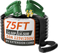 PlugSaf NEMA 14-50P/14-50R 75 FT 40 Amp RV/EV Extension Cord Outdoor with Grip Handle, 4 Prong Flexible Heavy Duty STW RV Power Cord Waterproof, 40A 125/250V 5000/10000W, Black-Green, ETL Listed