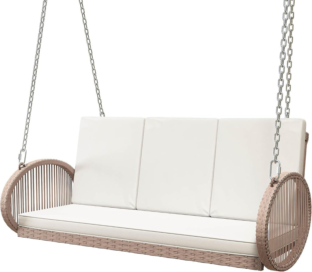 DWVO 3-Person Wicker Porch Swing with Cushions, Outdoor Hanging Swing Chair with Oval Armrests, Iron Frame, 800lbs Capacity for Patio, Garden, Balcony (Beige)