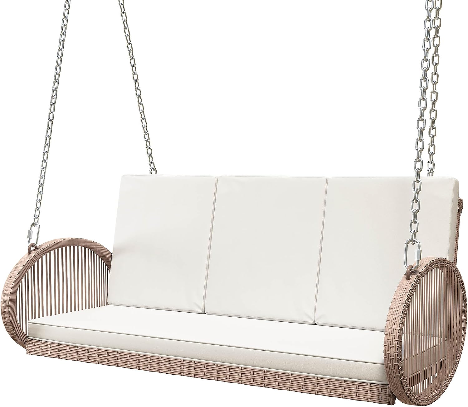DWVO 3-Person Wicker Porch Swing with Cushions, Outdoor Hanging Swing Chair with Oval Armrests, Iron Frame, 800lbs Capacity for Patio, Garden, Balcony (Beige)