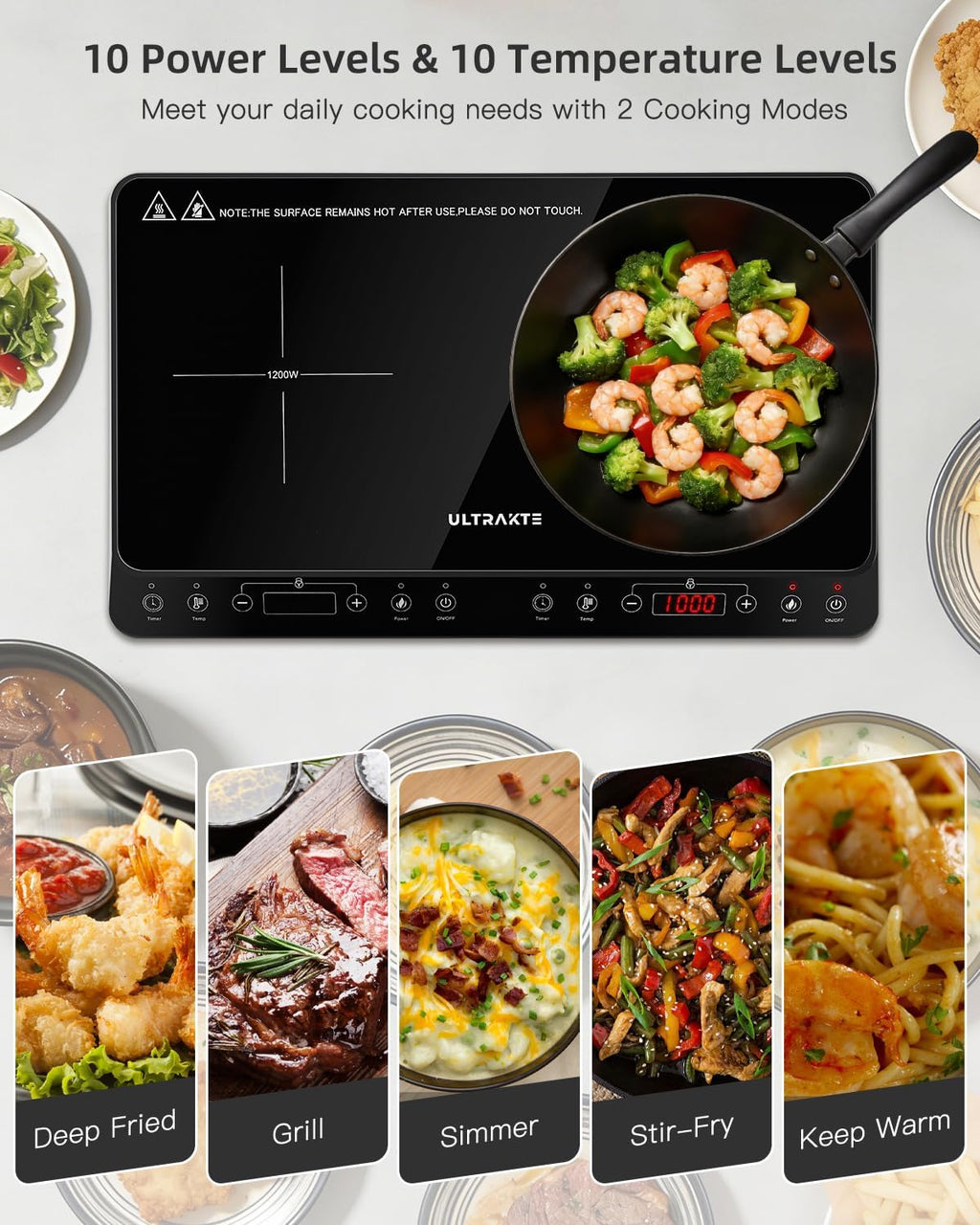 Double Induction Cooktop, ULTRAKTE Portable Dual Countertop Burner with Sensor Touch, 1800W Induction Cooktop 2 Burner, Electric Countertop Cooker with 10 Temp & Power Levels, 8-Hour Timer,Safety Lock