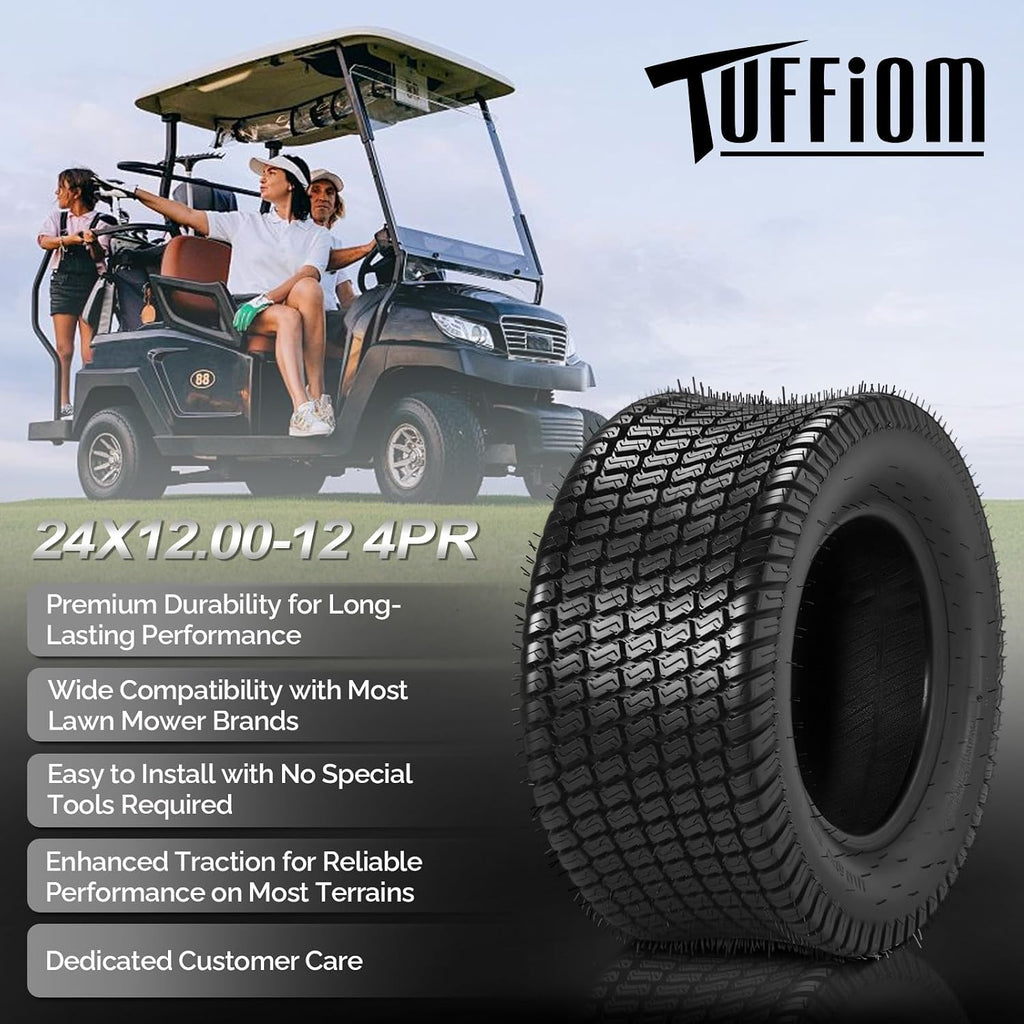 TUFFIOM 24x12.00-12 Lawn Mower Tires Set of 2, 8PR Turf Tire Lawn & Garden Tires, Compatible With Most Lawn & Garden Utility Vehicles, Tubeless