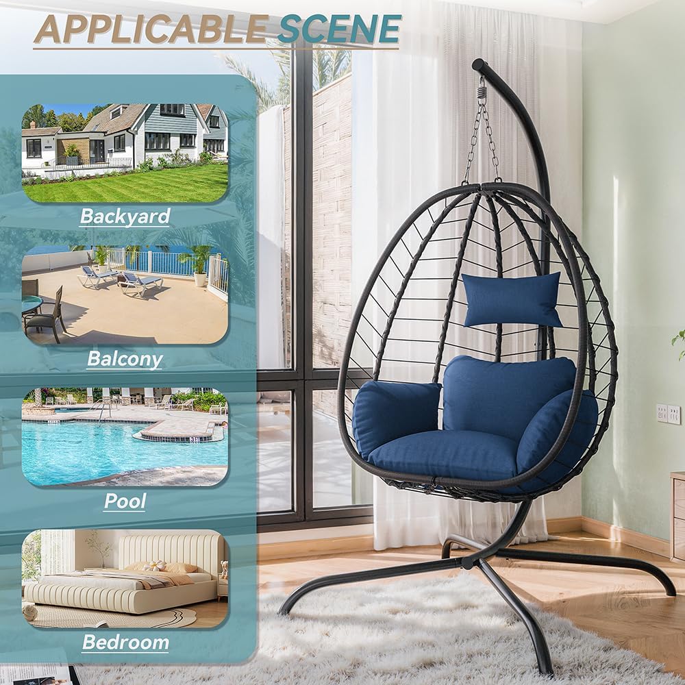 Kurapika Egg Swing Chair Indoor Outdoor Patio Wicker Rattan Hanging Egg Chair with Stand, Hammock Swing with Cushioned Headrest, 350LB Capacity for Bedroom, Balcony, Garden (Navy Blue)