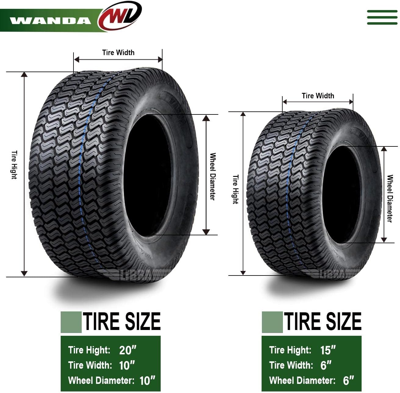 WANDA Set 4 Lawn Mower Turf Tires 15x6-6 Front & 20x10-10 Rear /4PR -13016/13041