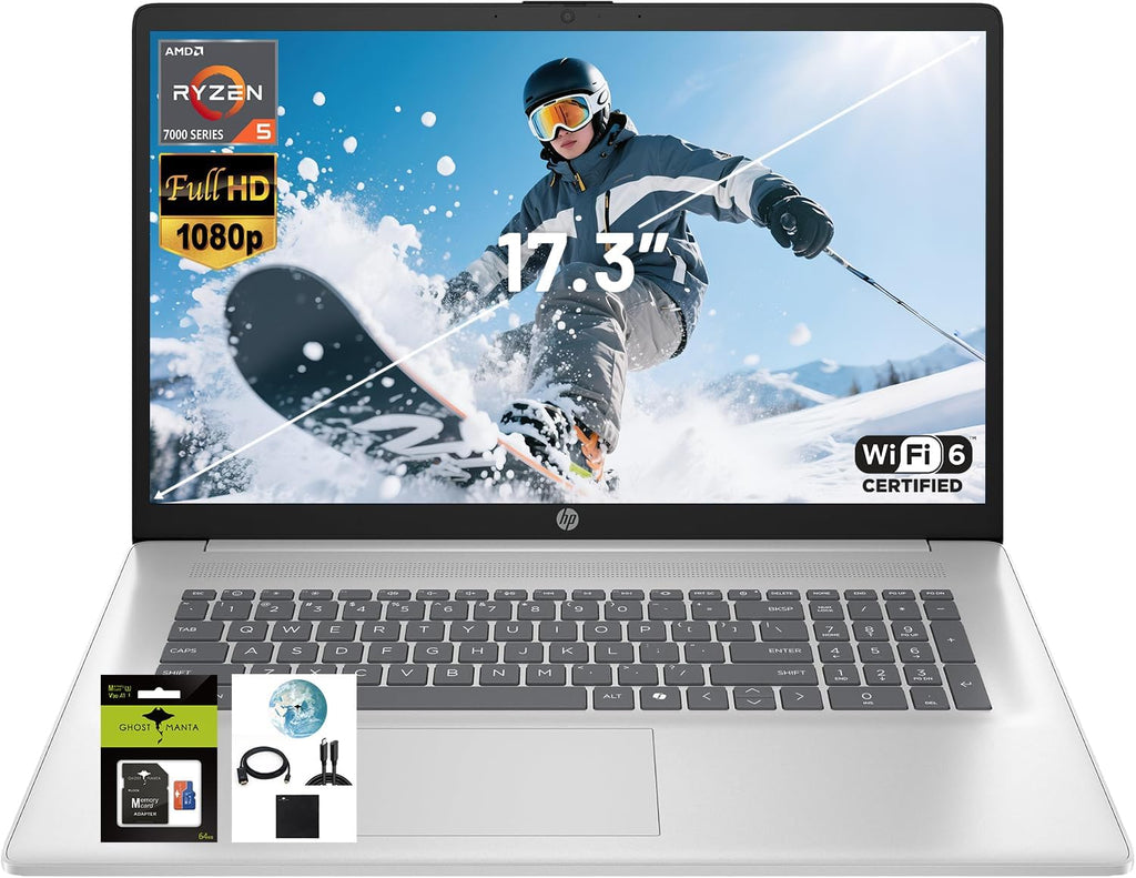HP 17.3' FHD IPS Laptop, Quad Core AMD Ryzen 5 7520U (Beat i7-1255U) 8GB DDR5 RAM 512GB SSD, Business-Student Laptop with Copilot AI Fast Charge Private Webcam Wifi6 Win11, w/GM Accessory