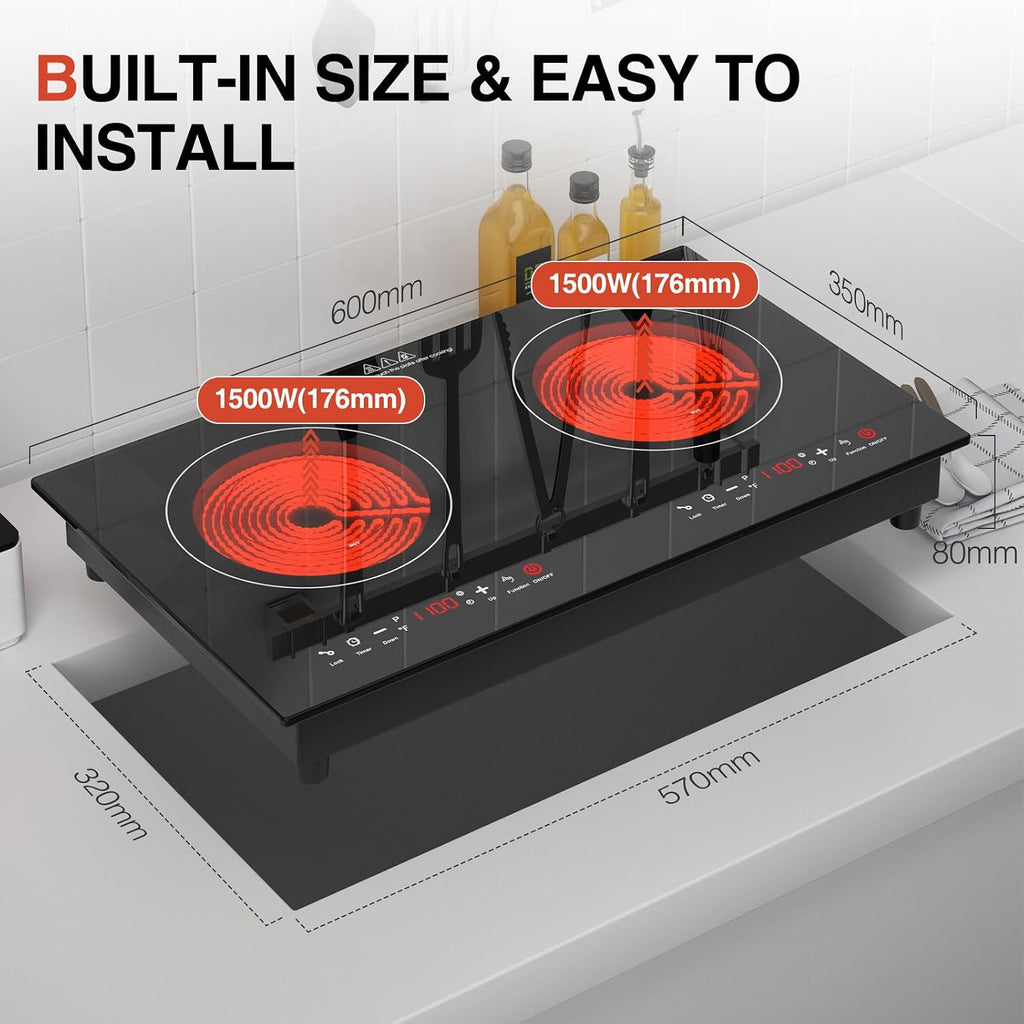 3000w Electric Cooktop, 24' Electric Stove 2 Burner Hot Plate Built-in Double Burner Cooktop with LED Touch Screen,9 Heating 9 Temperature,Kids Lock & Timer,Suitable for all Pans