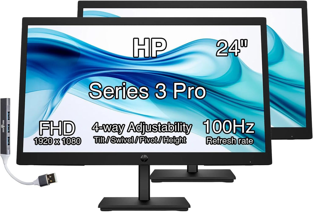HP Series 3 Pro 24' FHD IPS Monitor w/ 5ms Response Time, Anti Glare, Flicker Free, Tilt, Swivel, Pivot, VGA, Displayport, VESA Mount (100mm), HDMI & DKZ USB Port Expander, Black Color 2 Pack