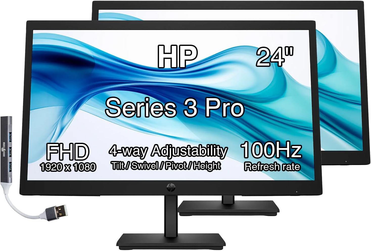 HP Series 3 Pro 324pe 24' FHD IPS Monitor w/ 5ms Response Time, Anti Glare, Flicker Free, Pivot, VGA, VESA Mount (100mm), Displayport, HDMI, & DKZ USB Port Expander, Black (B1GM5AA#ABA) 2Pack
