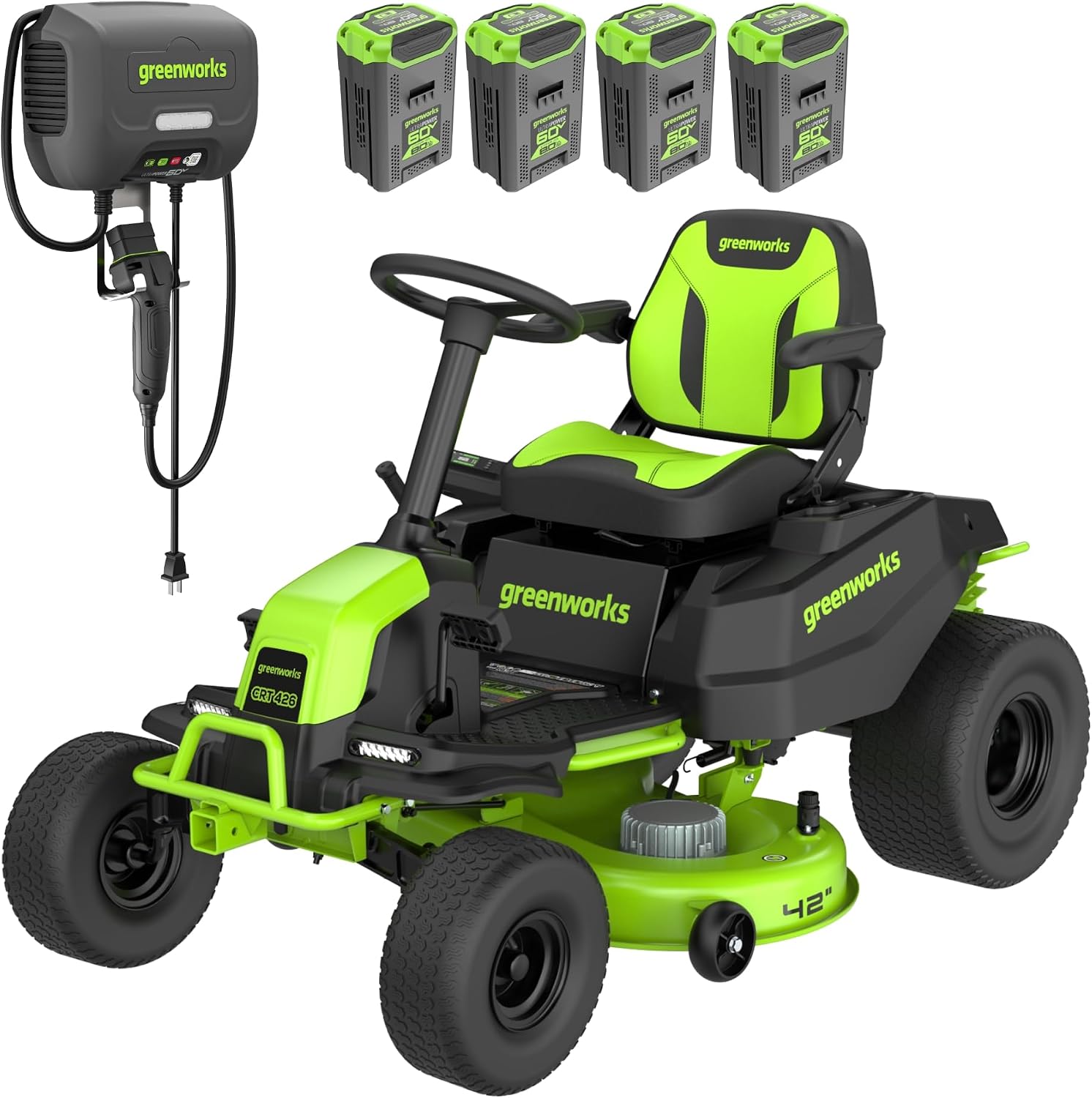 Greenworks 60V 42' CrossoverT Cordless Riding Lawn Tractor, (4) 8.0Ah Batteries and (600W) Plug in Charger