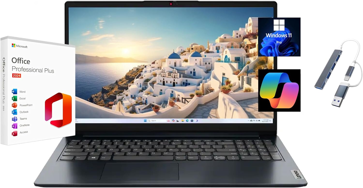 Lenovo Ideapad 1 15.6' FHD Laptop, with Free Lifetime Microsoft Office 2024, AMD Ryzen 5 7520U, 8GB RAM, 256GB SSD, Windows 11 Pro, Abyss Blue, with USB Hub