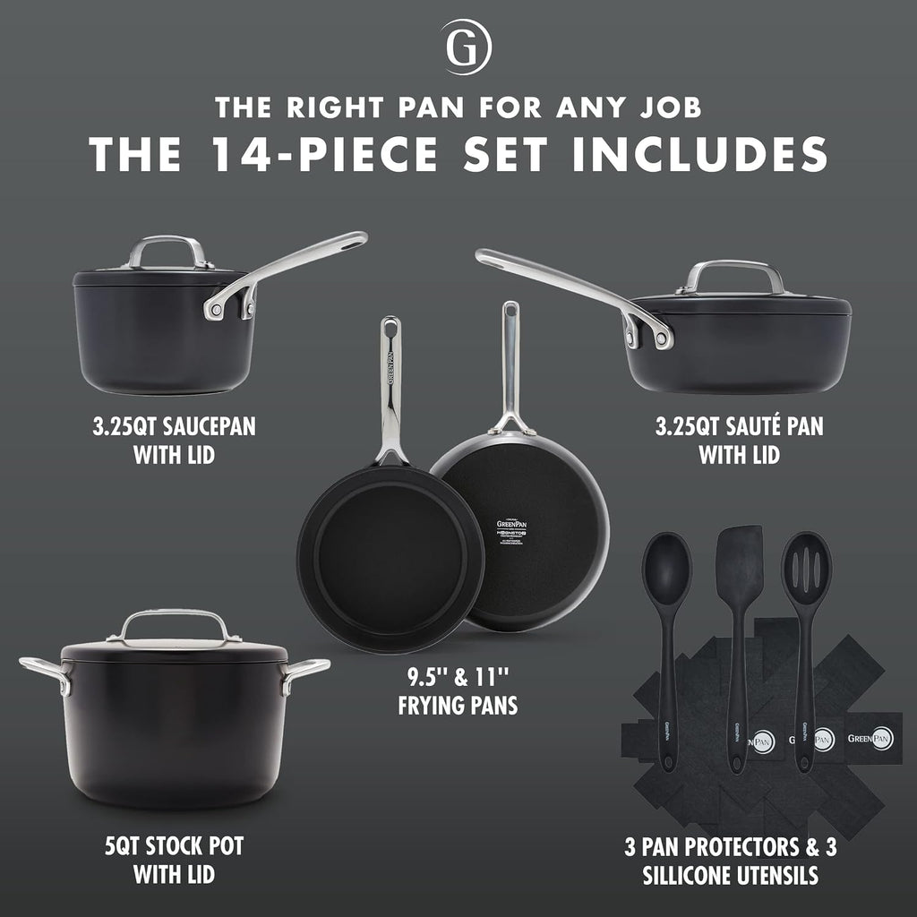 GreenPan GP5 Hard Anodized Healthy Ceramic Nonstick 14 Piece Cookware Pots & Pans Set,Heavy Gauge Scratch Resistant, Stay Flat Surface,Induction, Mirror Finish Handle,Oven Safe, PFAS-Free, Black