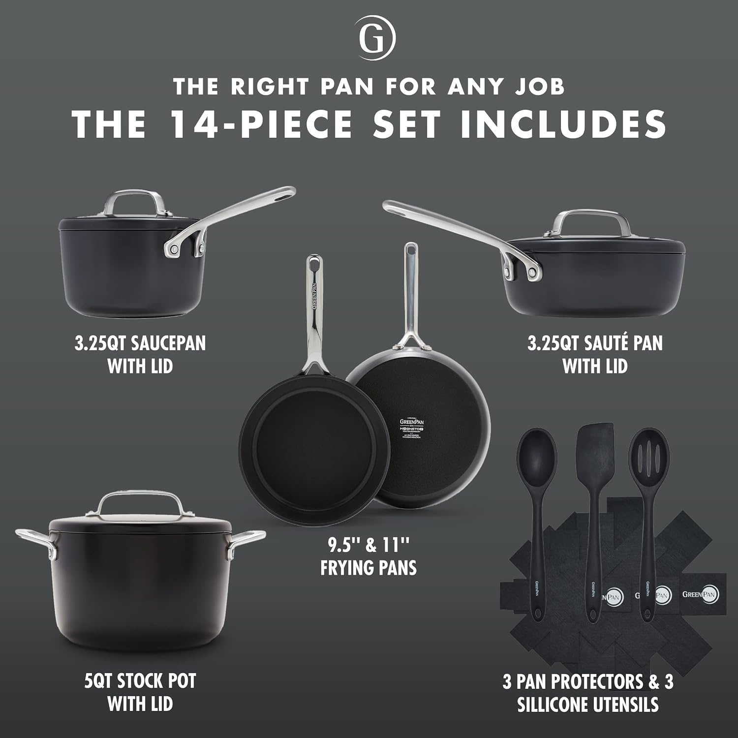 GreenPan GP5 Hard Anodized Healthy Ceramic Nonstick 14 Piece Cookware Pots & Pans Set,Heavy Gauge Scratch Resistant, Stay Flat Surface,Induction, Mirror Finish Handle,Oven Safe, PFAS-Free, Black