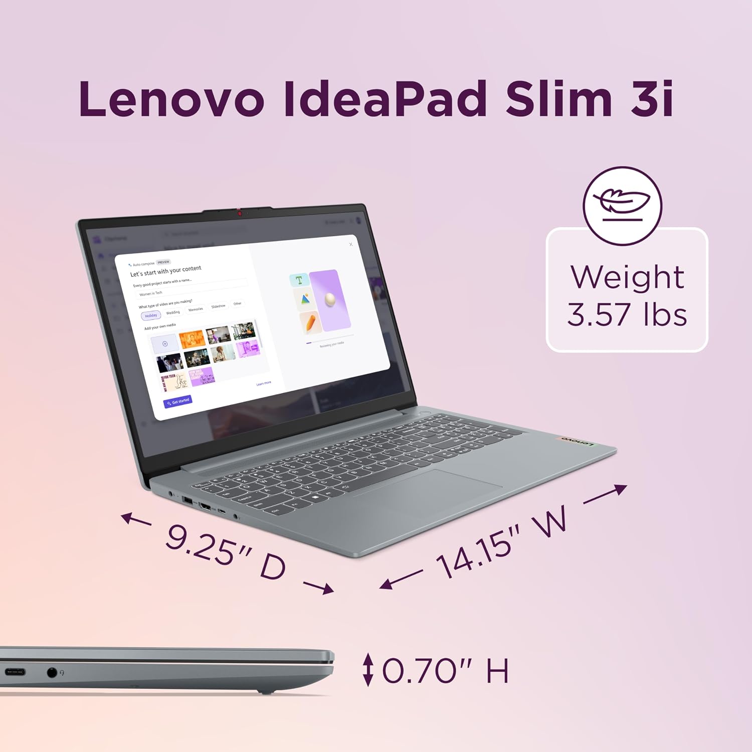Lenovo IdeaPad Slim 3i, 15.6' FHD Display, Intel Core i5-1335U, 16GB RAM, 512GB SSD, 1920x1080 px, Fingerprint Reader, Windows 11 Home, Arctic Grey