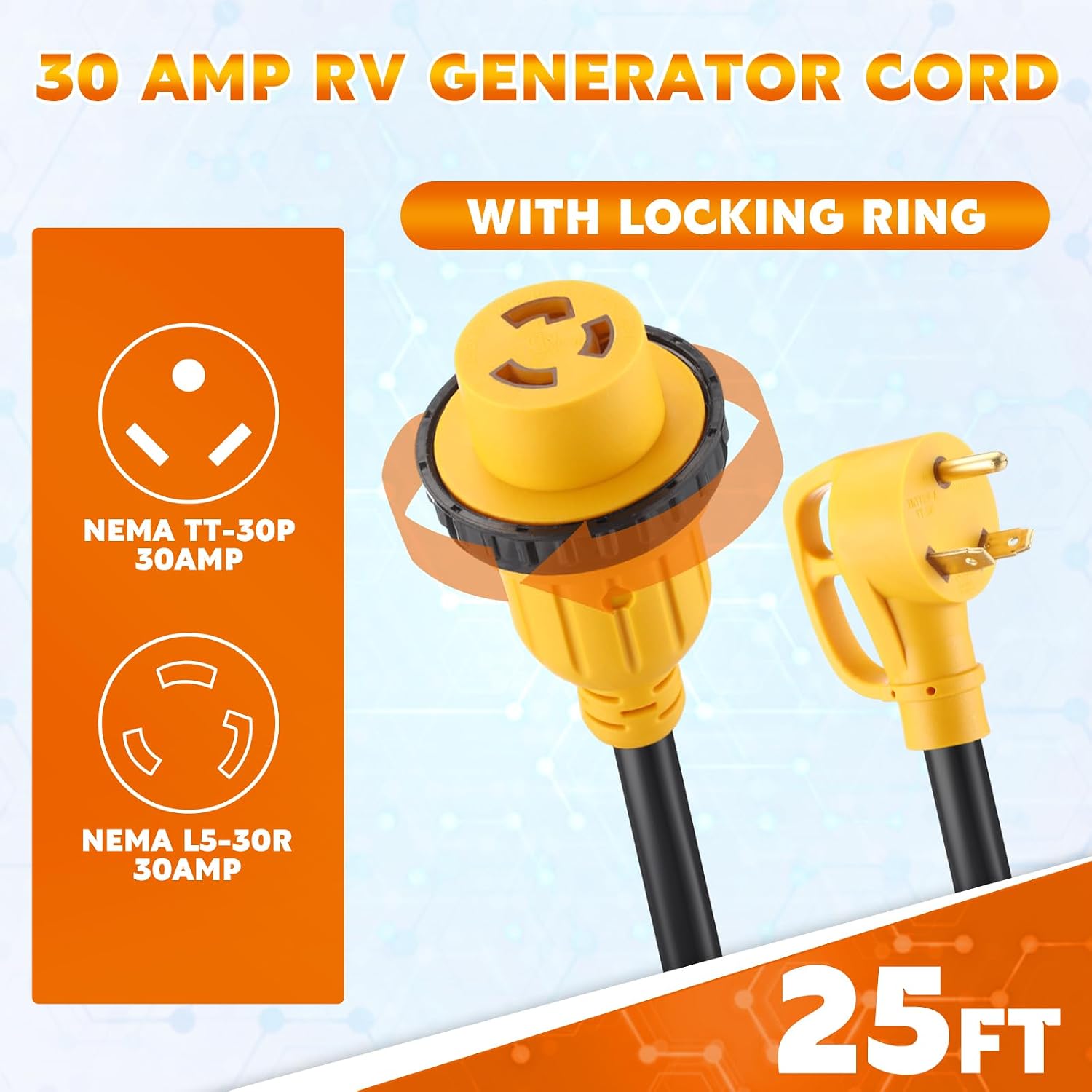 Kanayu 25FT 30 Amp RV Generator Cord and Power Inlet Box Compatible with NEMA TT-30P to L5-30R Lock Generator Extension Cord with LED Indicator Pre-Drilled L5-30P Generator Inlet Box, ETL Listed