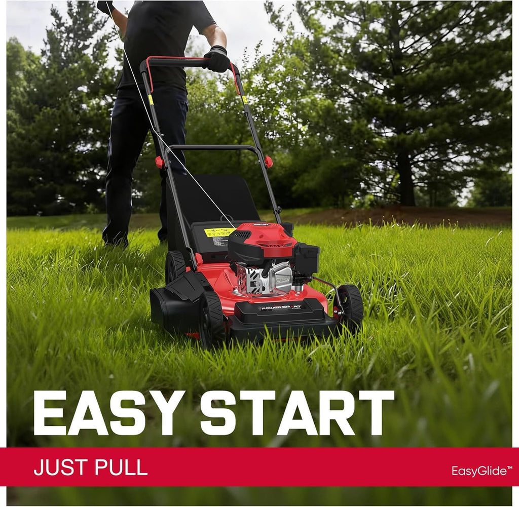 PowerSmart EasyGlide Gas Push Lawn Mower 21-inch 144cc 4-Stroke Engine with Easy Adjustable Cutting Height, High Wheels, 2-in-1 with Mulching, Rear Bagger