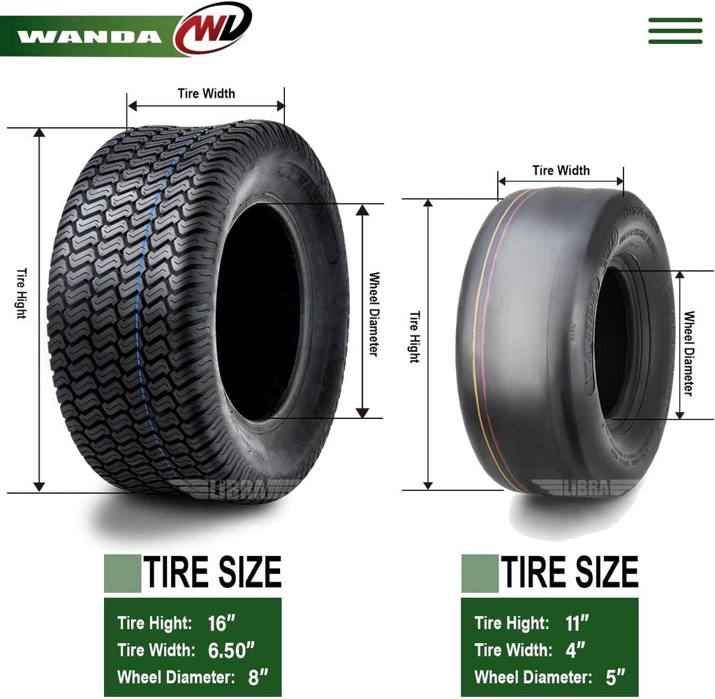 WANDA Set 4 Zero-Turn Lawn Mower Turf Tires 11x4-5 Front & 16x6.5-8 Rear /4PR -13204/13019