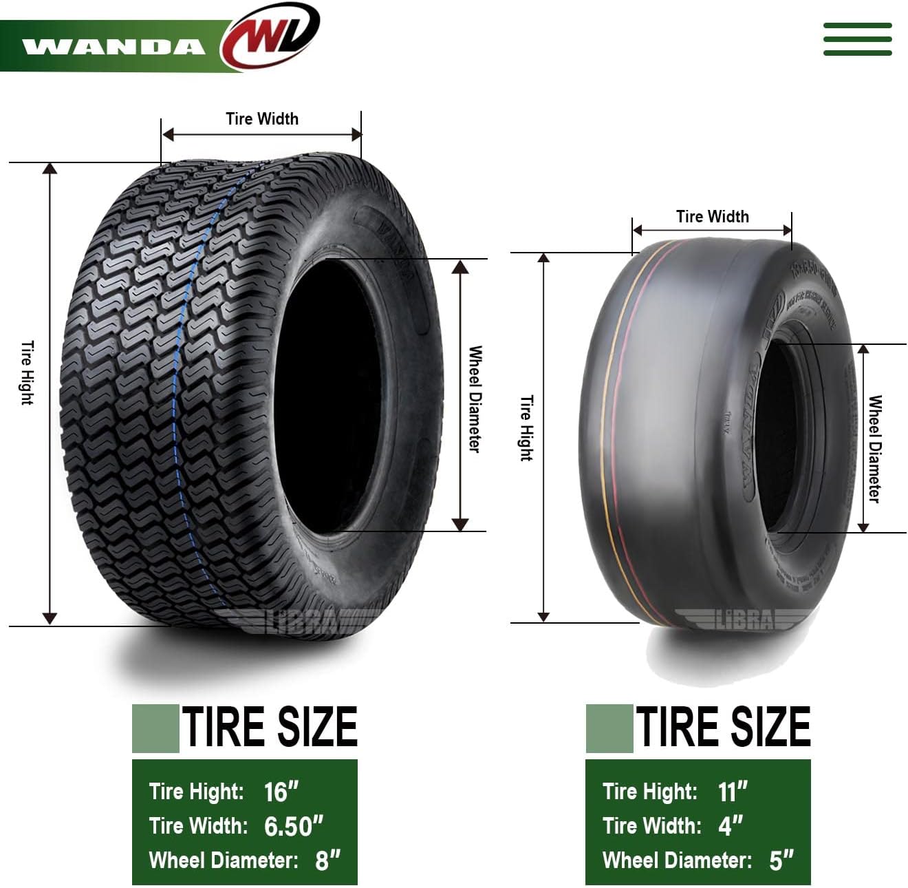 WANDA Set 4 Zero-Turn Lawn Mower Turf Tires 11x4-5 Front & 16x6.5-8 Rear /4PR -13204/13019