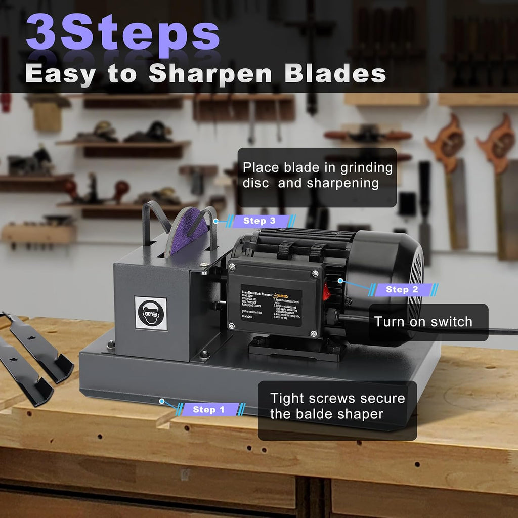 2026 Upgrade Lawn Mower Blade Sharpener, 1HP 750W Mower Grinder with 9-inch Ceramic Grinding Disc, 2 Pack-9'' Sanding Paper and 40° Bracket for High/Low Lift, Gator & Flat Blades Sharpen