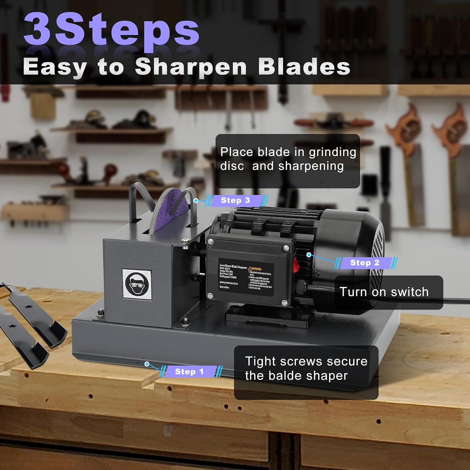 2026 Upgrade Lawn Mower Blade Sharpener, 1HP 750W Mower Grinder with 9-inch Ceramic Grinding Disc, 2 Pack-9'' Sanding Paper and 40° Bracket for High/Low Lift, Gator & Flat Blades Sharpen