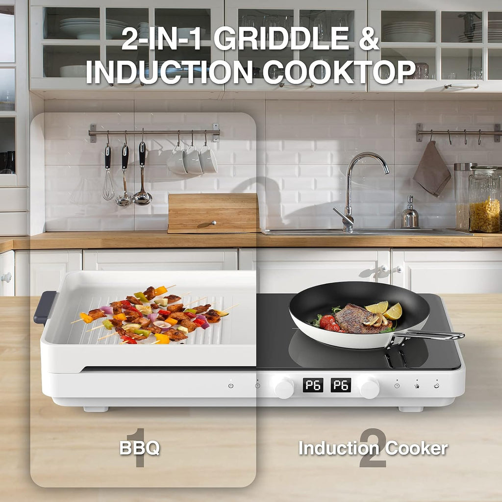Induction Cooktop 2 Burners with Removable Cast Iron Griddle Pan Non-stick, 1800W Sensor Touch 9 Power Levels, 99 Min Timer, Suitable for Kitchen,Great for Family Party