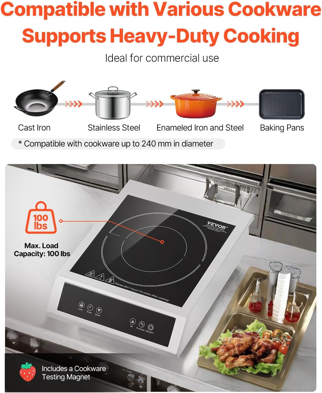 VEVOR Induction Cooktop, 3500W Commercial Induction Burner with 11-Level Temperature, Stainless Steel Countertop Induction Hot Plate with 3H Timer, Child Lock for Restaurant (6-15P Plug, 6-20R Outlet)