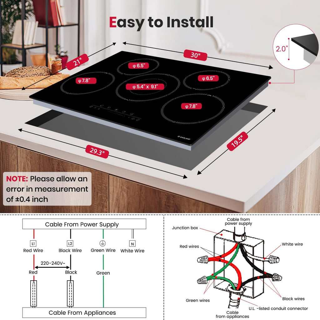 GASLAND 30 Inch Electric Cooktop 5 Burners, 8200W Built-in Radiant Glass Stove Top, 220V Electric Ceramic Cooktop with 9 Power Levels, Slide Touch Control, Child Safety Lock &Timer, Hard Wire