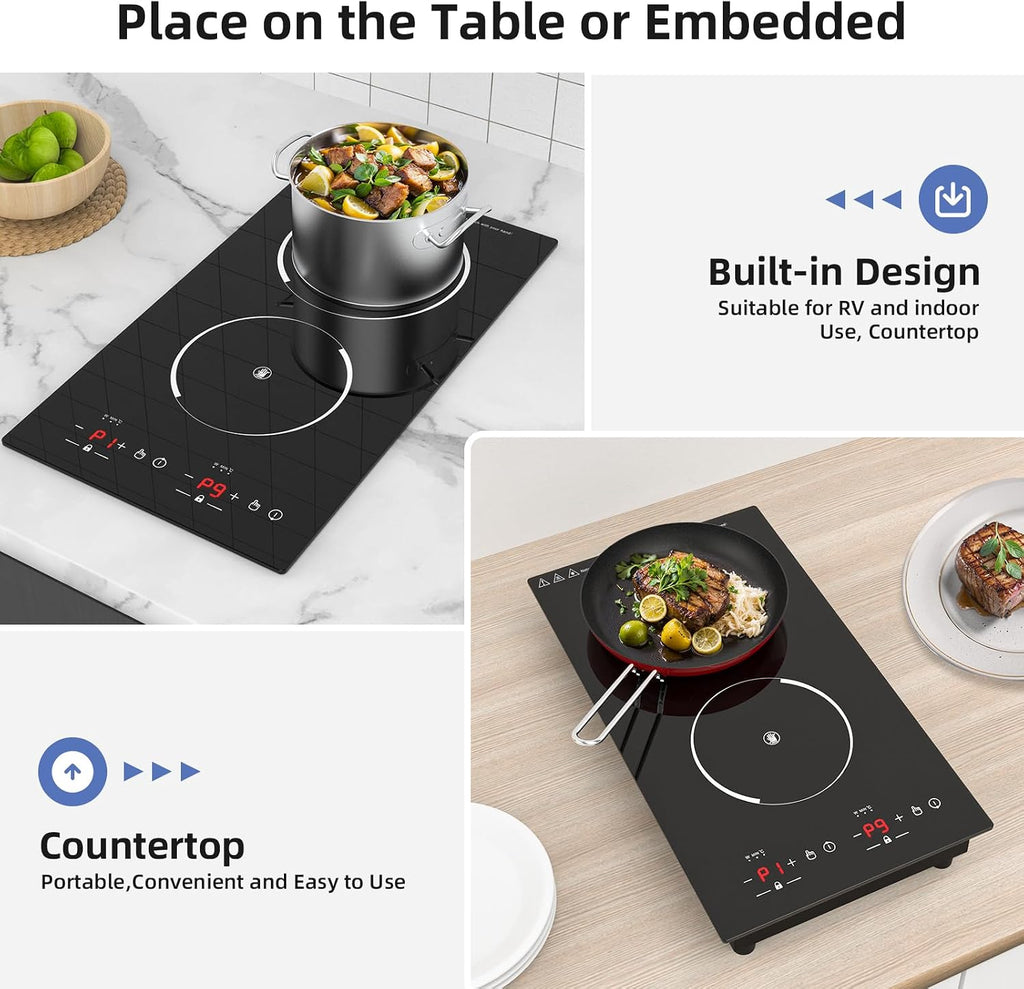 12' Induction Cooktop, Double Induction Cooktop 2 Burner 110v-120v Electric Stove Top, Countertop and Built-in, 9 Power Levels, Child Lock, 120 Mins Timer