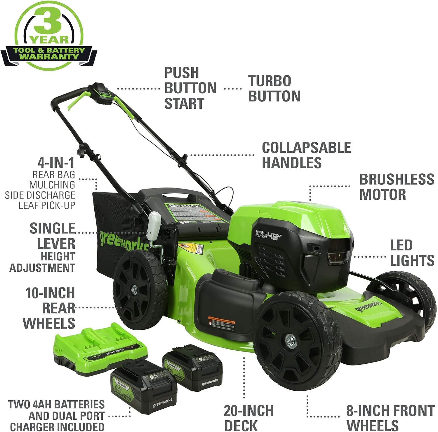 Greenworks 48V (24V x 2) Lawn Mower Combo - 20' Push Mower, 12' String Trimmer, Leaf Blower and 24V Jig Saw - Ideal for Yard & Indoor