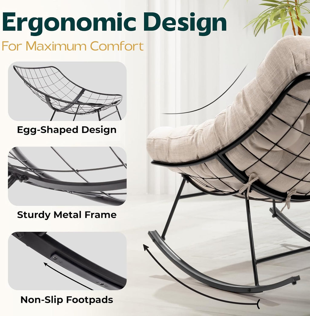 Bme Patio Rocking Chair Outdoor & Indoor with Ottoman, Metal Patio Lounge Rocking Chair with Thick Cushion, Comfy Modern Rocker Chair, Beige Cushion - Black Matte Rocker