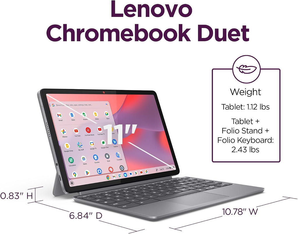 Lenovo Chromebook Duet - 2025 - Convertible Laptop - ChromeOS - 10.95' WUXGA IPS Touch Display - 4GB Memory - 64GB Storage - MediaTek Kompanio 838 - Luna Grey