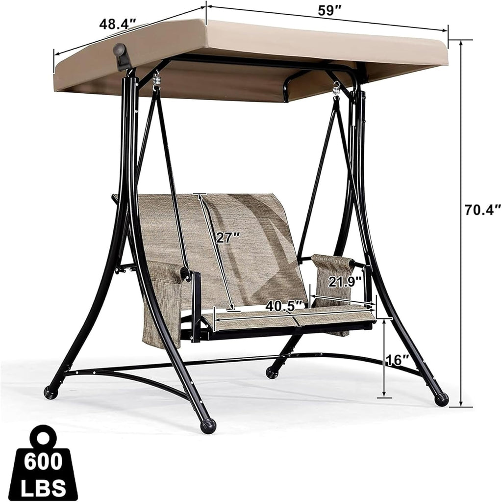 PURPLE LEAF 2-Seat Deluxe Outdoor Patio Porch Swing with Weather Resistant Steel Frame, Adjustable Tilt Canopy, Beige