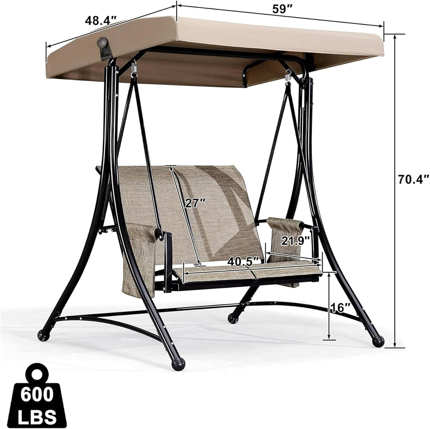 PURPLE LEAF 2-Seat Deluxe Outdoor Patio Porch Swing with Weather Resistant Steel Frame, Adjustable Tilt Canopy, Beige