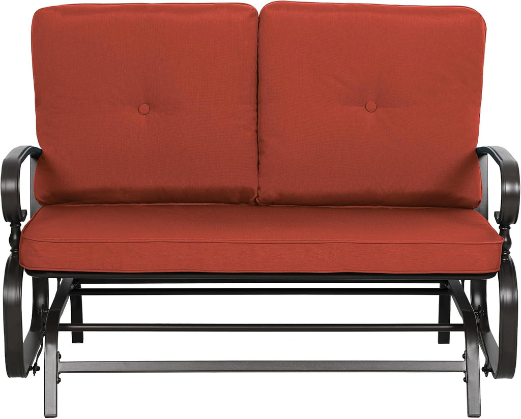 Outdoor Bench Patio Swing Glider Loveseat 2 Seats Rocking Chair, Wrought Iron Gliders for Outside Patio with Cushion (Red)