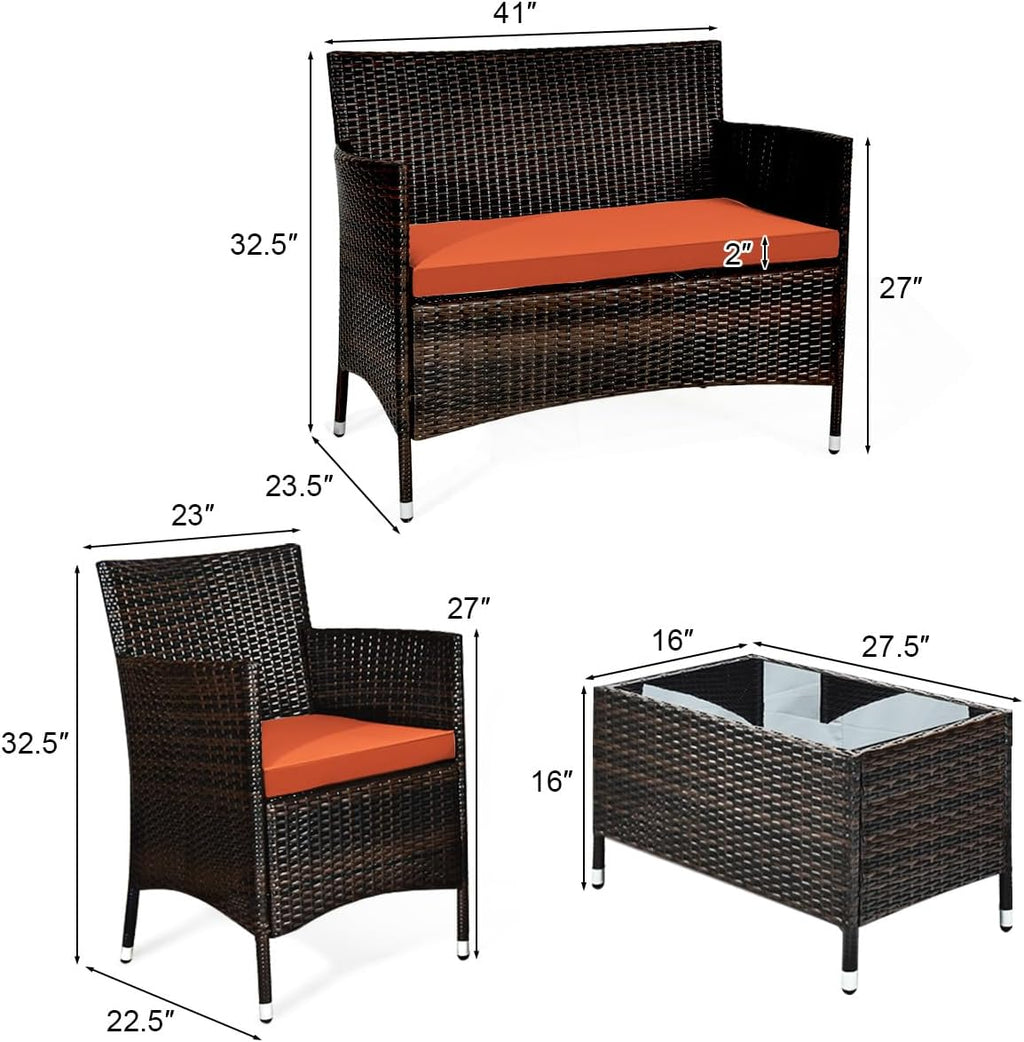 Goplus 4-Piece Rattan Patio Set, Outdoor/Indoor Wicker Conversation Set for Pool, Backyard, Lawn, Wicker Chairs and Sofa with Soft Cushion, Rattan Furniture with Tempered Glass Coffee Table