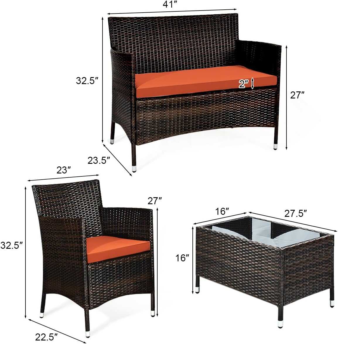 Goplus 4-Piece Rattan Patio Set, Outdoor/Indoor Wicker Conversation Set for Pool, Backyard, Lawn, Wicker Chairs and Sofa with Soft Cushion, Rattan Furniture with Tempered Glass Coffee Table