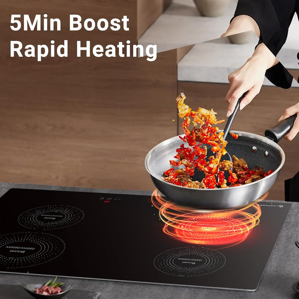 AMZCHEF Electric Cooktop 30 Inch with 4 BOOST Burners Bulid-in Induction Cooktop, 220V-240V/7200W 9 Levels Stove Control by Slide Touch, Child Safety Lock, Pause,Timer and Overheat Protection, No plug