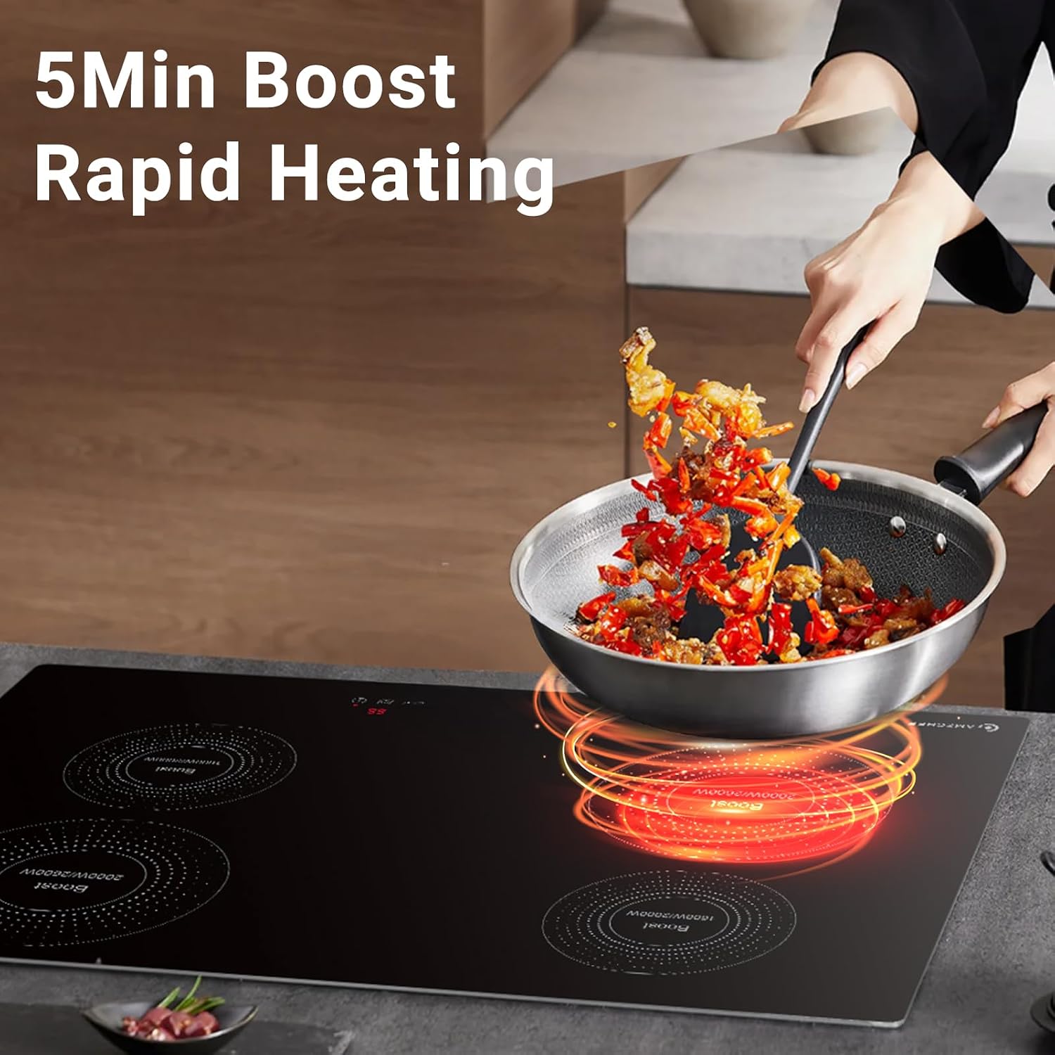 AMZCHEF Electric Cooktop 30 Inch with 4 BOOST Burners Bulid-in Induction Cooktop, 220V-240V/7200W 9 Levels Stove Control by Slide Touch, Child Safety Lock, Pause,Timer and Overheat Protection, No plug