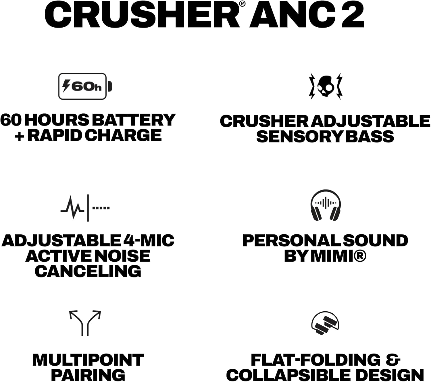 Skullcandy Crusher ANC 2 Wireless Over-Ear Bluetooth Headphones with Multi-Sensory Bass, Active Noise Cancelling, Up to 60 Hours Battery, Microphone for iPhone Android - Drab