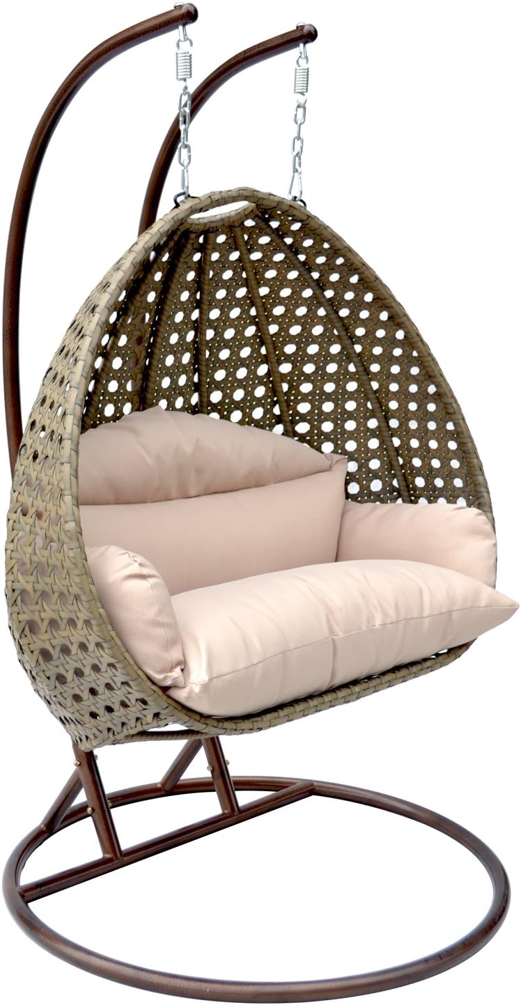 Luxury Comfort 2 Person Outdoor, Patio, Hanging Wicker Swing Chair (X Large, Latte Wicker with Latte Cushion)