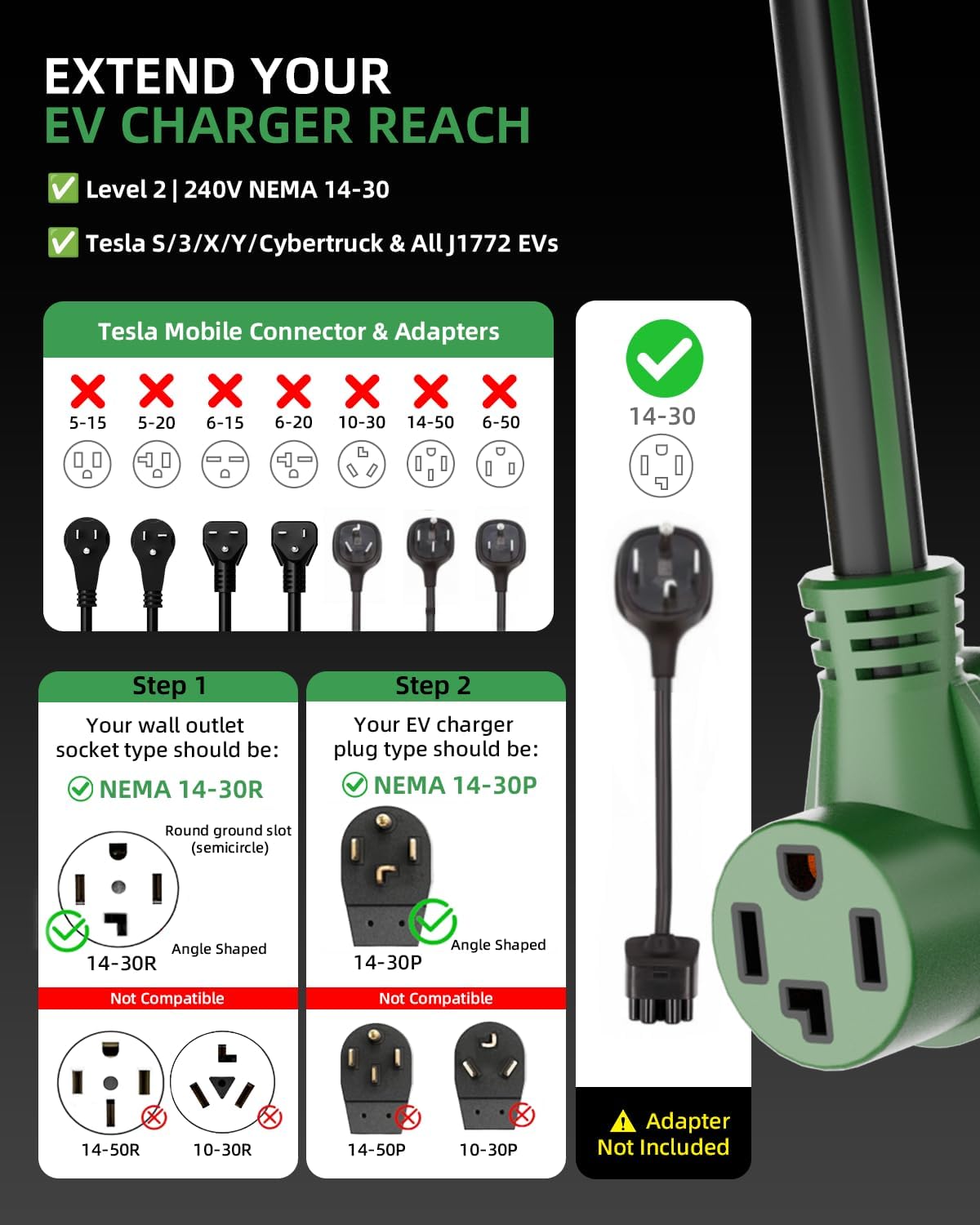 30-Amp 4-Prong Dryer EV Extension Cord, 50 Feet, NEMA 14-30P to 14-30R, 125V/250V Heavy Duty STW 10AWG/4, Use for Tesla Model 3/Y/X/S, Level 2 EV Charging & Dryer Power Extension, ETL Listed
