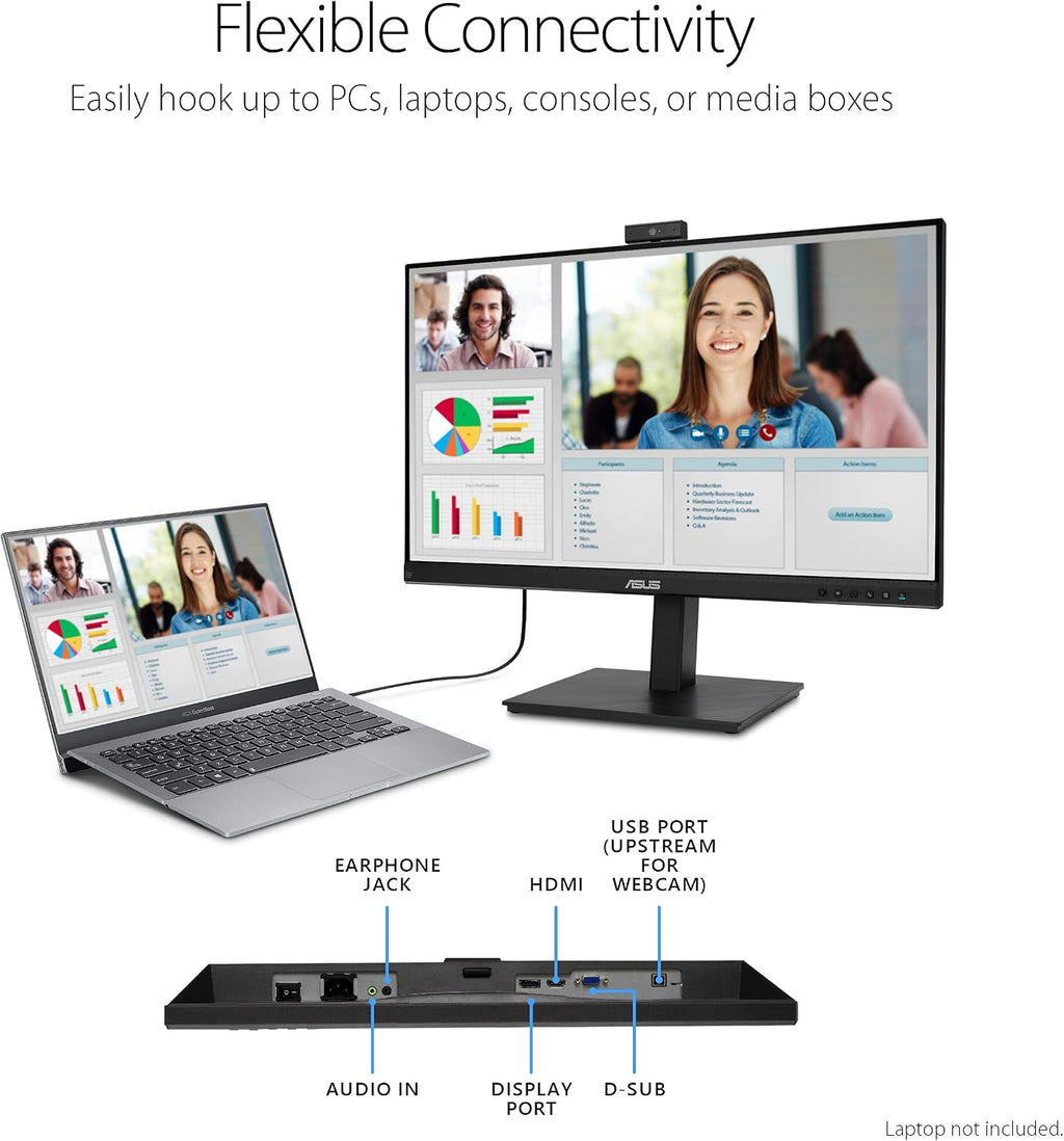 ASUS 27' 1080P Video Conference Monitor (BE279QSK) - Full HD, IPS, Built-in Adjustable 2MP Webcam, Mic Array, Speakers, Eye Care, Wall Mountable, Frameless, HDMI, DisplayPort, VGA, Height Adjustable