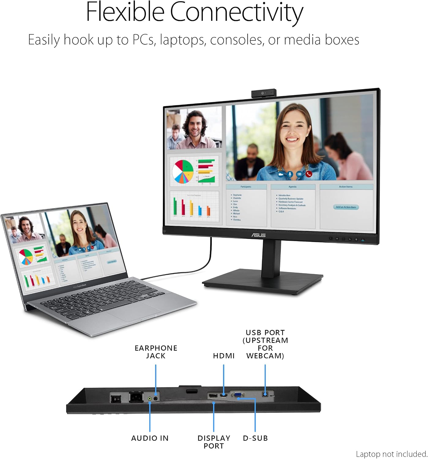 ASUS 27' 1080P Video Conference Monitor (BE279QSK) - Full HD, IPS, Built-in Adjustable 2MP Webcam, Mic Array, Speakers, Eye Care, Wall Mountable, Frameless, HDMI, DisplayPort, VGA, Height Adjustable