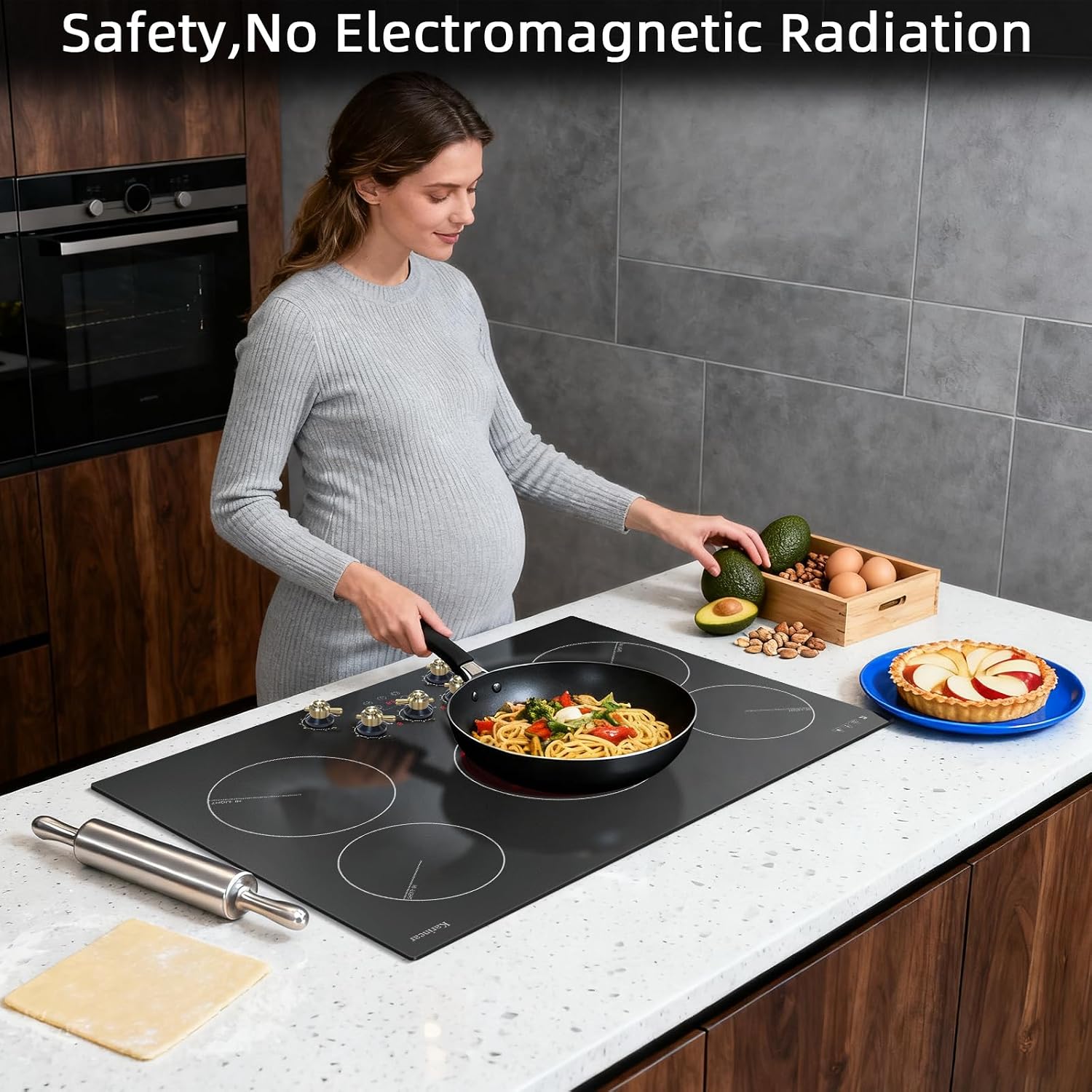 Karinear Electric Cooktop 30 Inch, 5 Burner Radiant Cooktop with Knob & Touch Control, 8500W 240V Built-in Stove Top, 9 Power Levels, Timer, Child Lock, Pause, Residual Heat Indicator(Gold Knob)