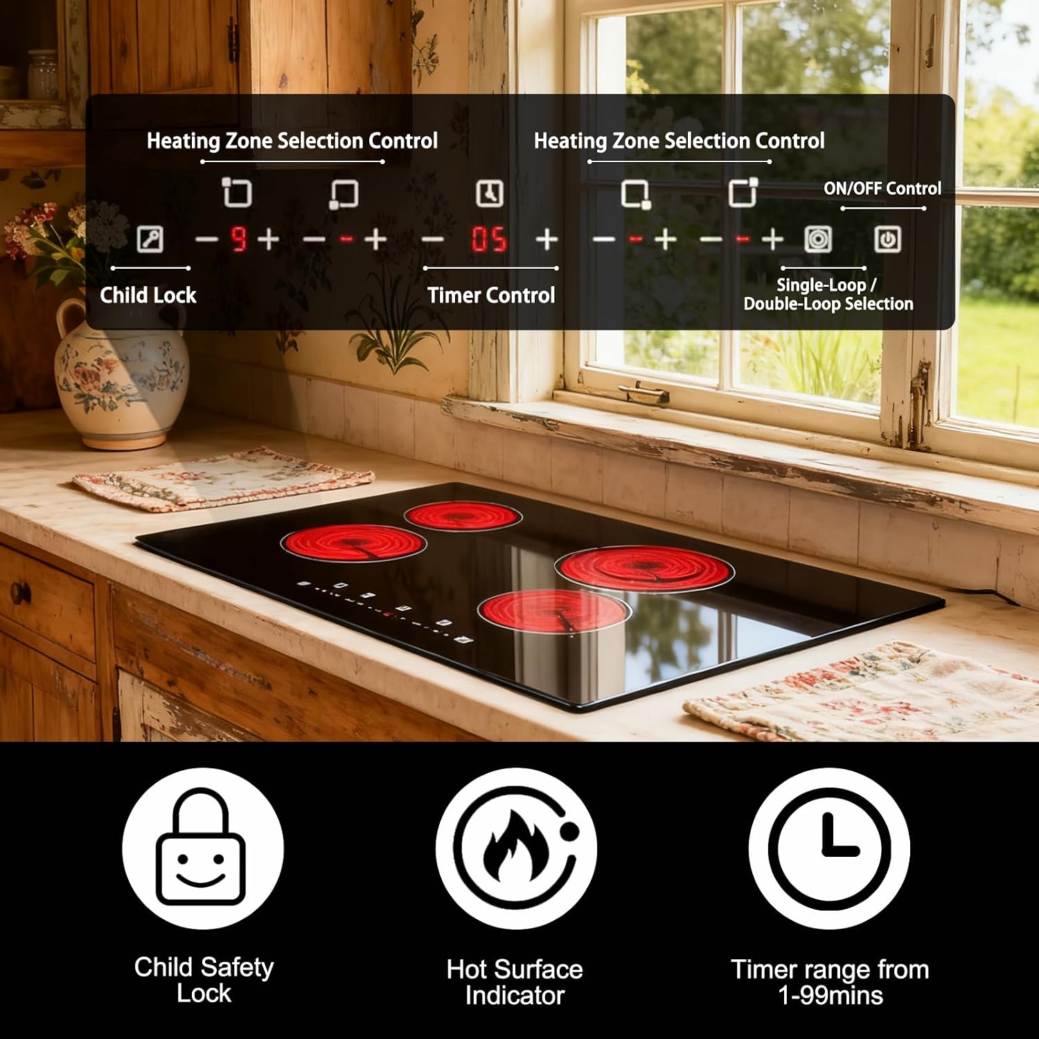 30 Inch Electric Cooktop 4 Burners, 6700W Built-in Electric Stove Top, Touch Control with 9 Power Levels, Hot Surface Indicator, Child Safety Lock, 99-Min Timer, 220-240V