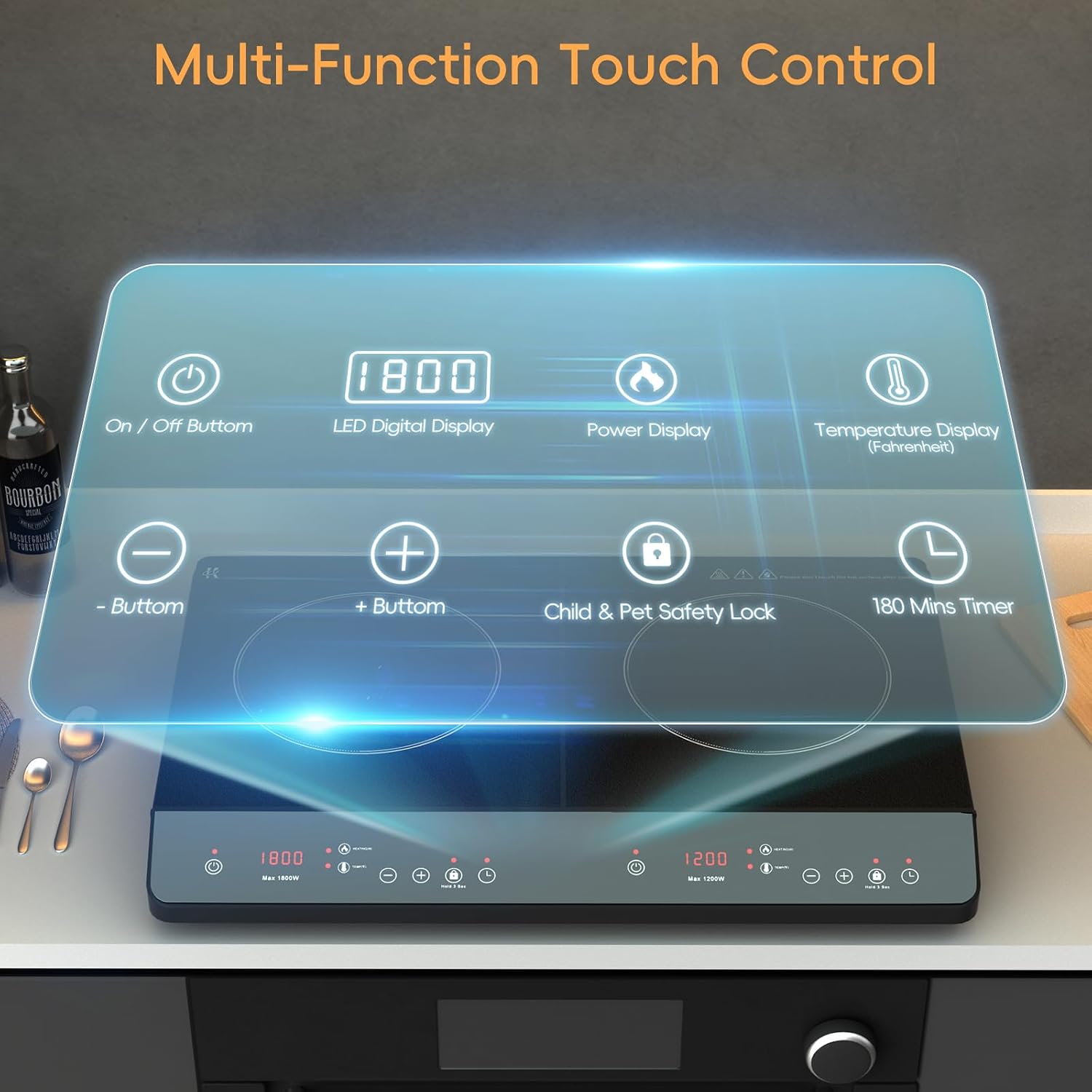 Double Induction Cooktop, 1800W Portable Induction Cooktop 2 Burner Independent Touch Control, Ceramic Electric Stove with 9 Temperature and Power Level, Safety Lock, 3 Hour Timer - Black