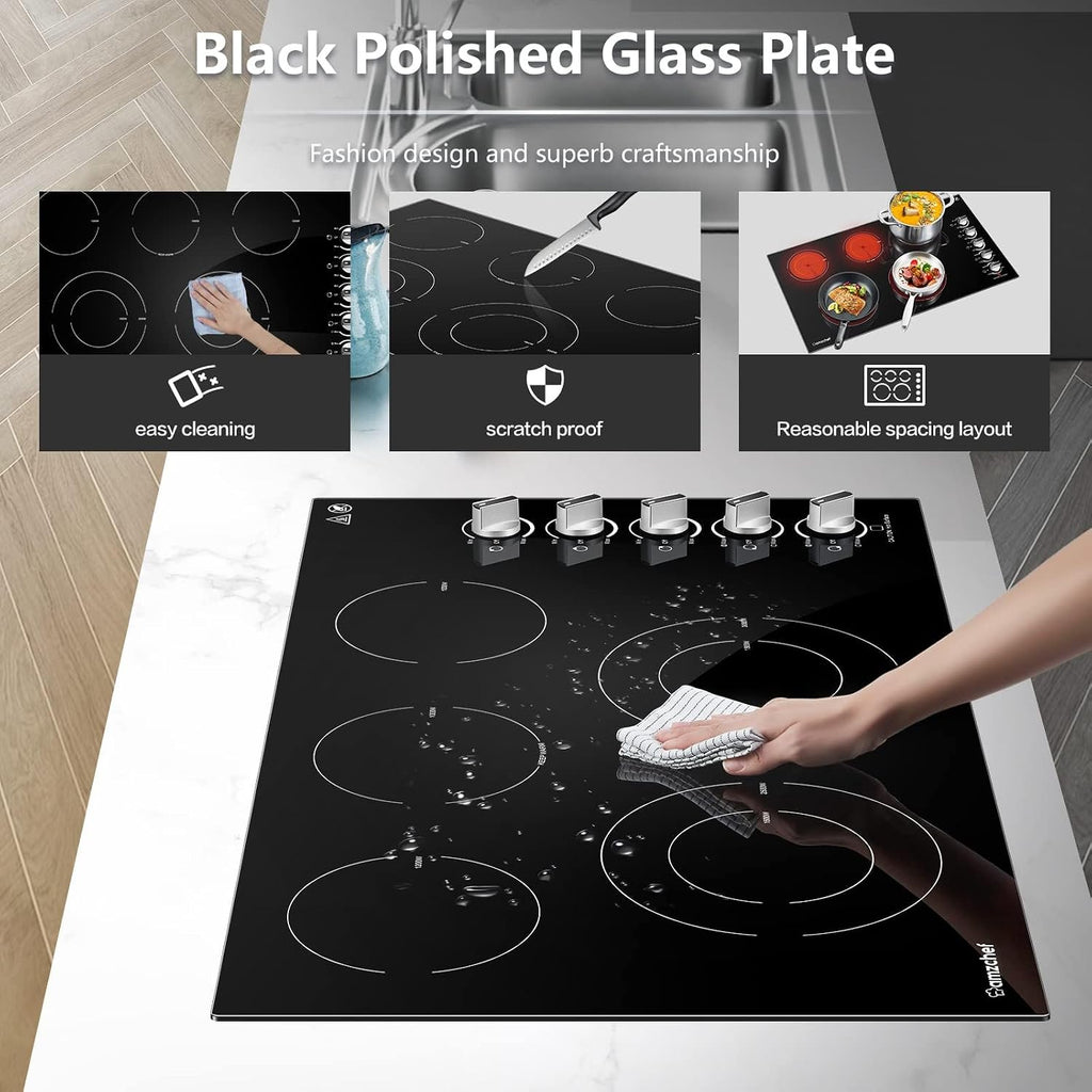 AMZCHEF Electric Cooktop 36 Inch,5 Burners Built-in Electric Stove Top,Max 8900W Ceramic Glass Countertop with Knob Control Max 3000W Double Zone,Safety Lock